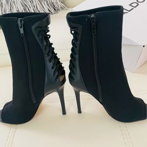 Open Toe Corset Back Fabric and Leather Booties